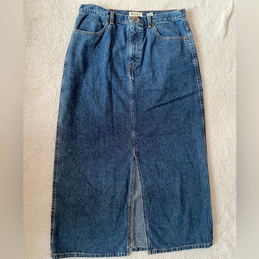 Eddie Bauer Classic Blue Jean Skirt Ankle Length Long Jean Skirt Pockets Thick